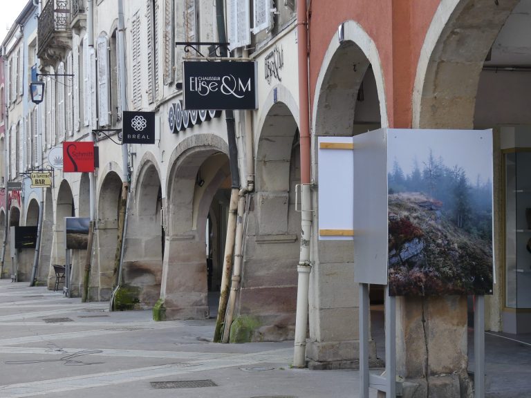Photo d'une partie des arcades de Remiremont avec quelques pancartes de commerces