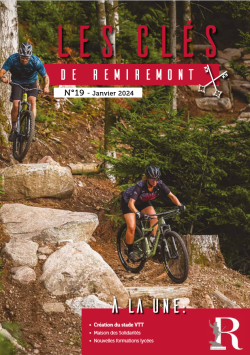 Image de la couverture du bulletin municipal de Remiremont de l'hiver 2024. On y voit des VTTistes sur le nouveau parcours VTT de la ville.